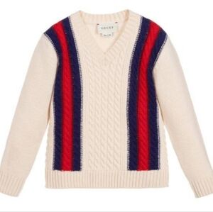 Gucci Sweater Kids Wool Cable Knit V Neck Ivory Blue Red Striped